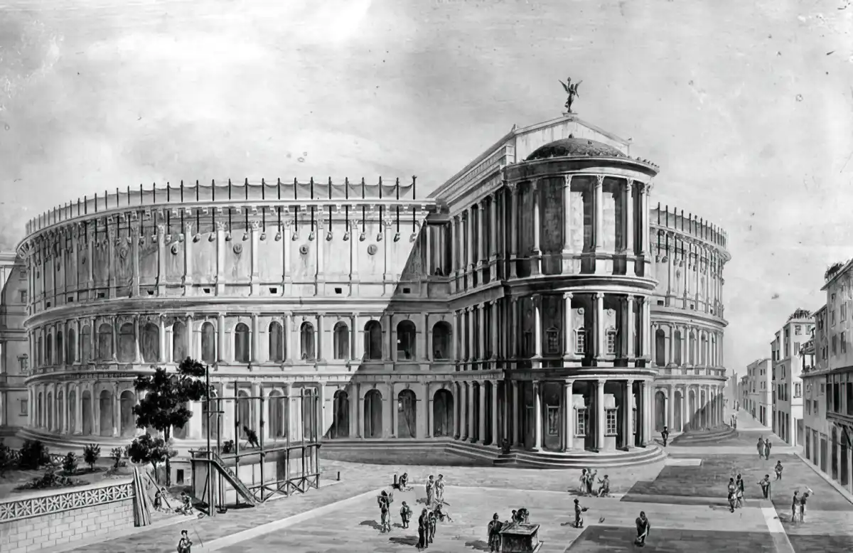 Ilustración de 1911 del Teatro de Pompeyo, construido originalmente en el Campo de Marte.