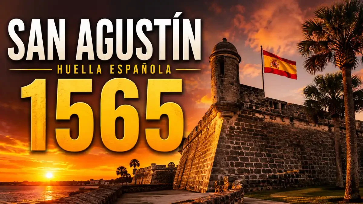Vista histórica de San Agustín de la Florida con el Castillo de San Marcos y símbolos del Imperio español en Norteamérica.