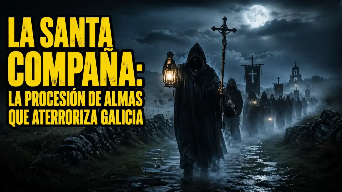 Procesión nocturna de figuras espectrales en túnicas negras sobre un camino envuelto en niebla, representación de la Santa Compaña gallega