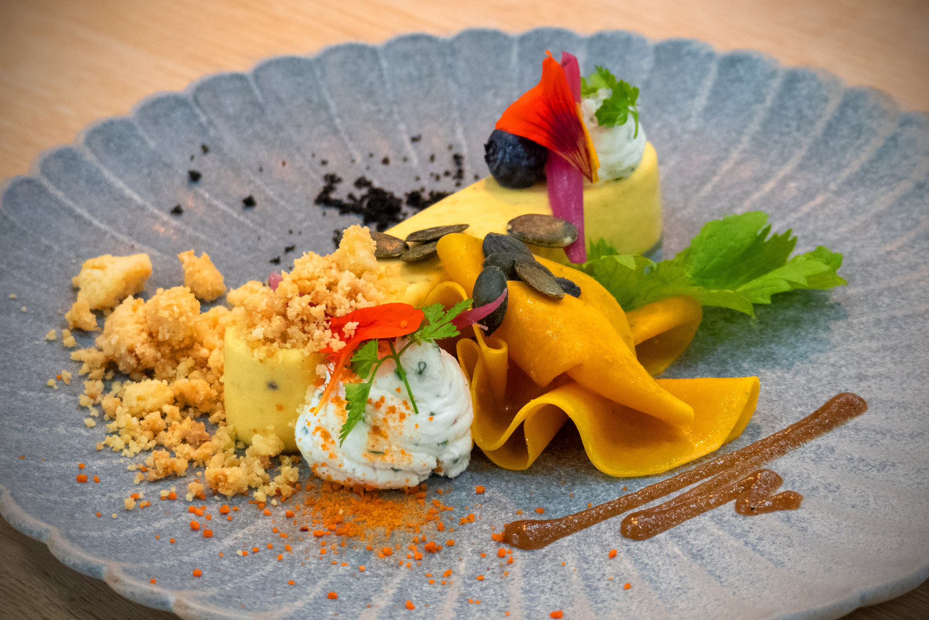 plated fine dining dish artistic presentation contemporary art colors textures culinary masterpiece sophisticated elegant