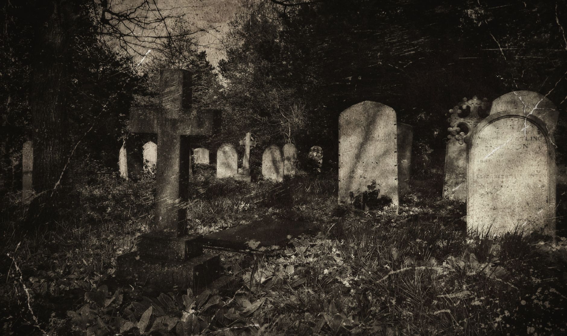 old graveyards headstones moss covered dark cloudy weather epidemic memorial deaths history