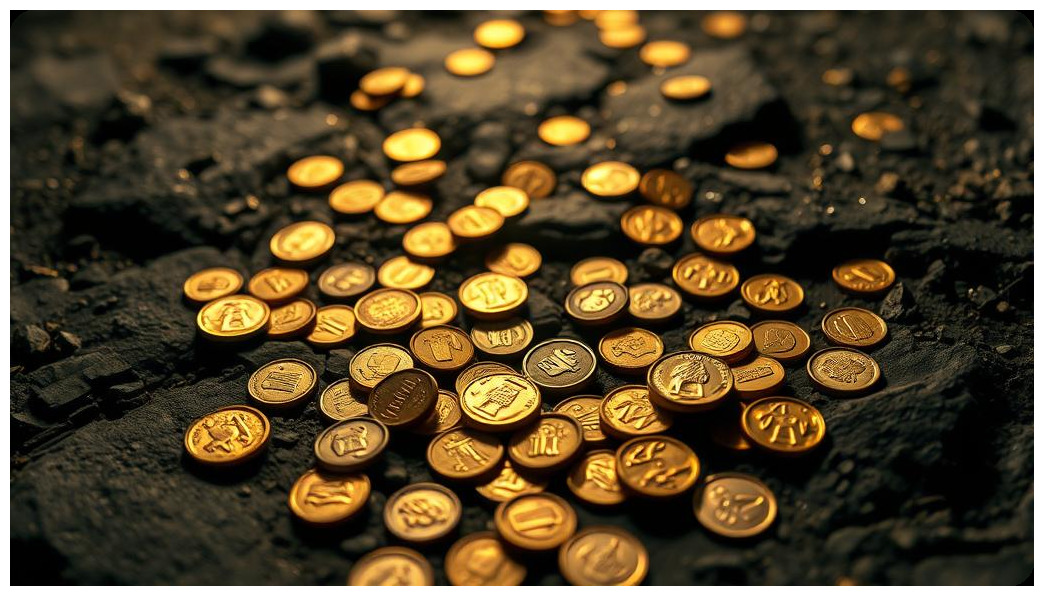 ancient Spanish coins gold scattered on dark stone surface dramatic lighting archaeological discovery