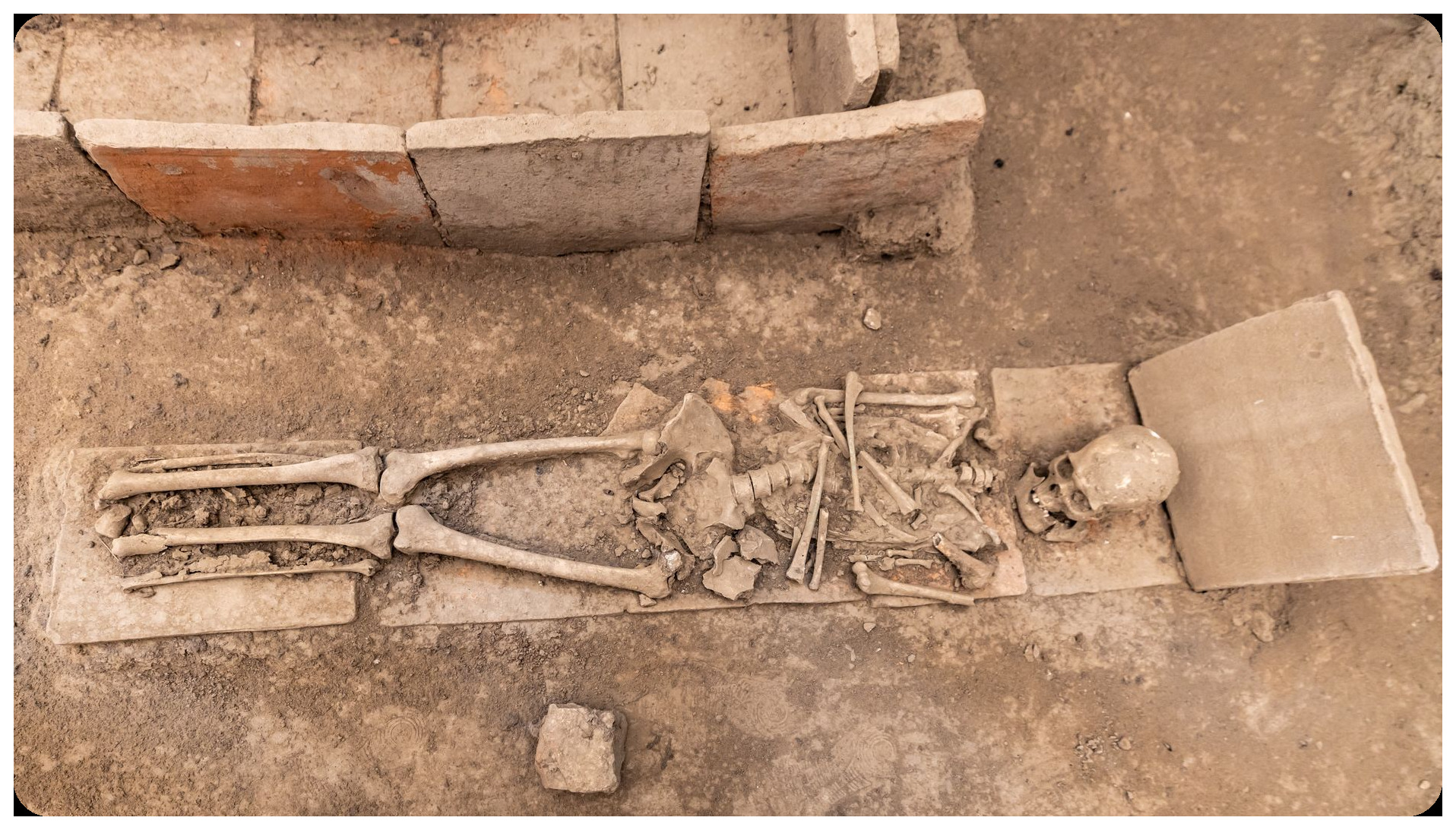 archaeologists carefully excavating soil with brushes and tools at cemetery grounds, revealing bones in earth, scientific documentation process