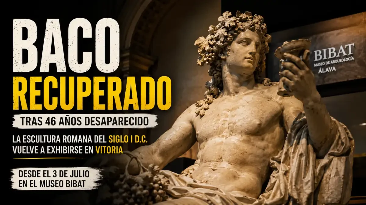Cabeza de Baco, escultura romana de mármol del siglo I expuesta en el Museo de Arqueología de Álava tras su recuperación judicial
