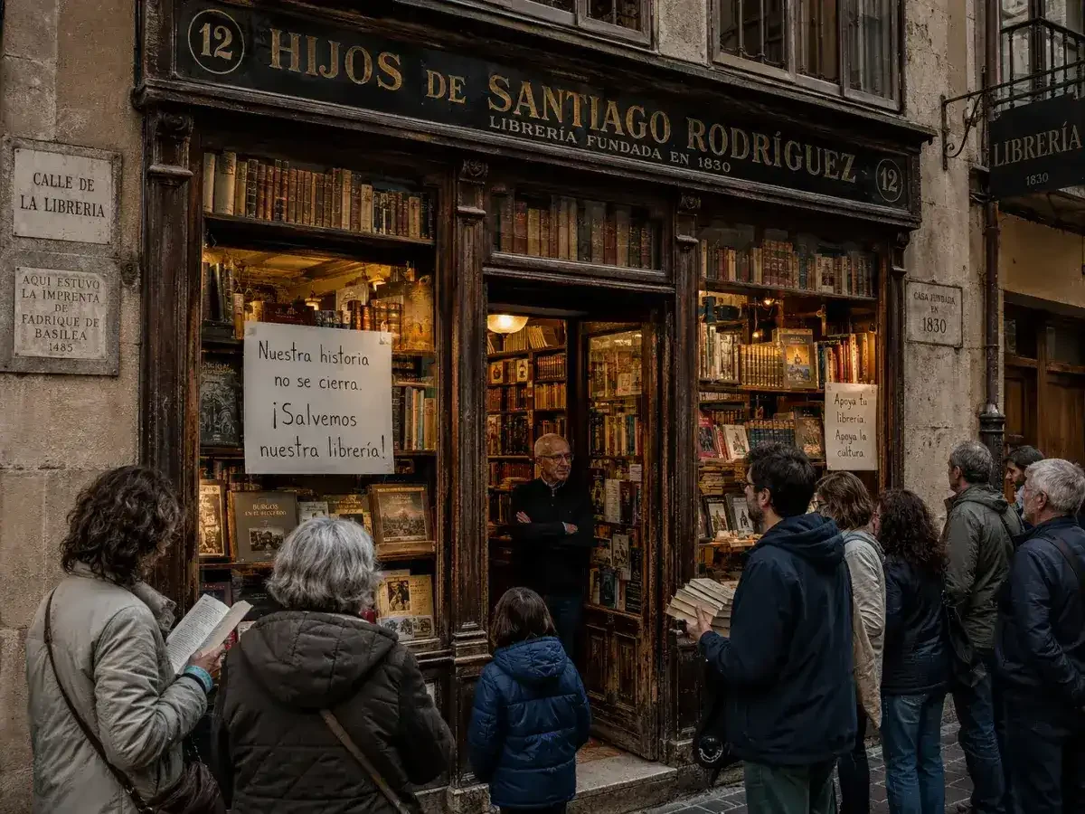 Fachada de una librería histórica de Burgos con lectores apoyando su continuidad.