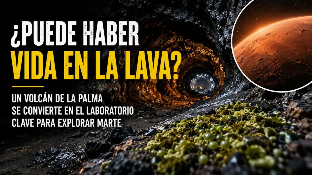 Interior de un tubo de lava volcánica en La Palma con microorganismos y Marte al fondo.